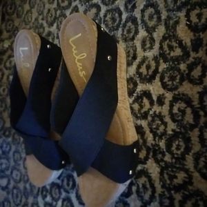 Lulu's wedge sandals. Black straps with cork bottom. Size 9.